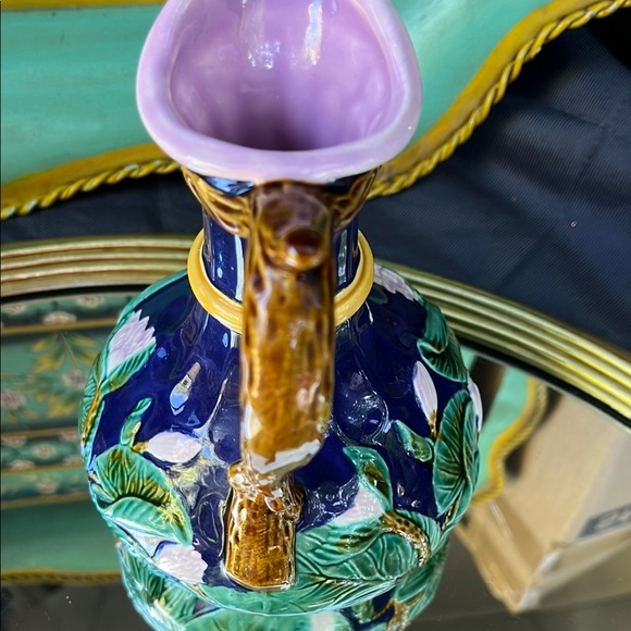 Hand-Painted Blue Ceramic Pitcher with Floral Design - Picture 2 of 6